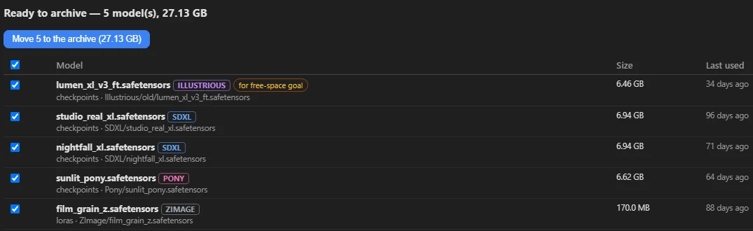 The Storage tab suggesting unused models to move to an archive drive, with a free-space goal for the SSD.